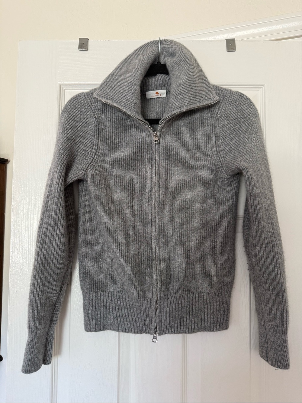 Gray Full-Zip Ribbed Cashmere Sweater Jacket